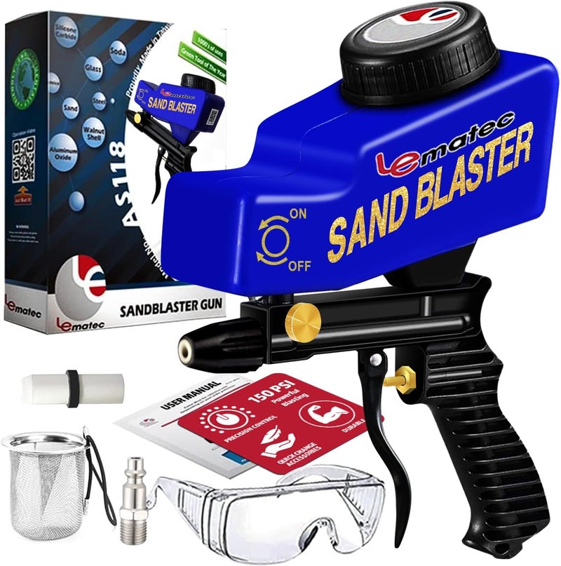 LE LEMATEC Portable Sand Blaster Gun Kit for Rust Removal, Glass Etching, & spot blasting - Requires 150PSI Air Compressor 4+ CFM for Detail Work & Small Projects - Ceramic Nozzle Blue - Image 1